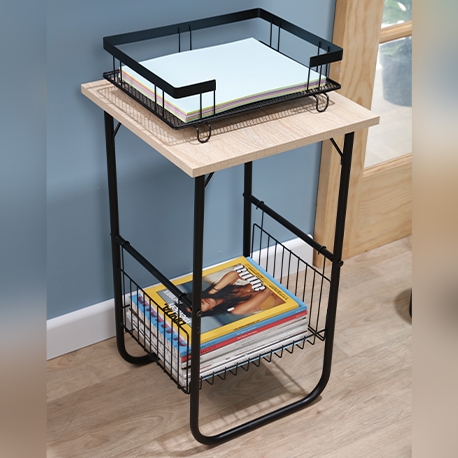 Mesa auxiliar armable con 1 canasta y entrepaño de madera - Imagen 7