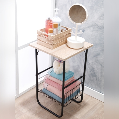 Mesa auxiliar armable con 1 canasta y entrepaño de madera - Imagen 6