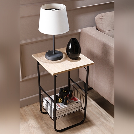 Mesa auxiliar armable con 1 canasta y entrepaño de madera - Imagen 3