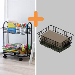 Combo Organizador 2 niveles con ruedas + Canasta multiusos platina - Negro